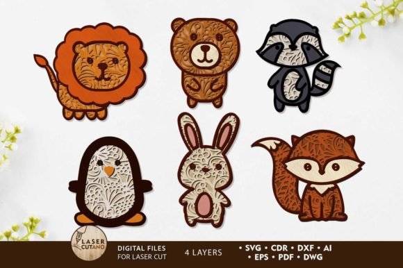 Cute Animals Set, Decorative Templates for Laser Cutting Projects