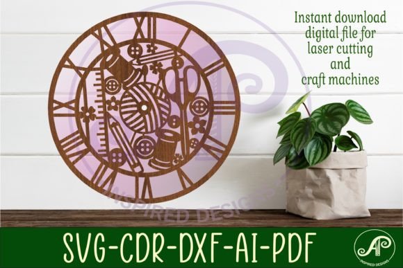 Sewing Wall Clock Laser Cut Files, SVG